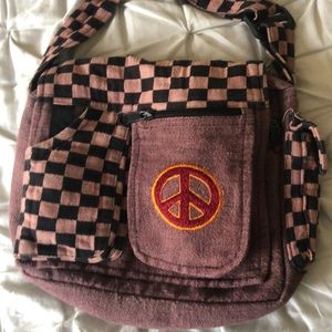 Brown checkered peace sign crossbody/shoulder bag